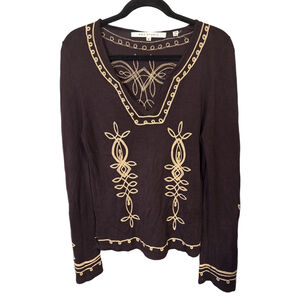 Max Studio Women’s Embroidered Tunic Top V-Neck Brown Beige Size M